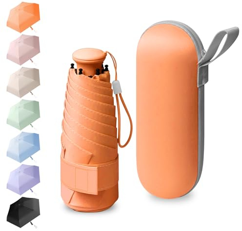 BEKKLPOU Mini Paraguas De Bolsillo, Paraguas Plegable Antiviento, Paraguas Para El Sol, Desplazamientos Diarios, Incluye Caja De Almacenamiento, Asa Retráctil, Unisex (Naranja)