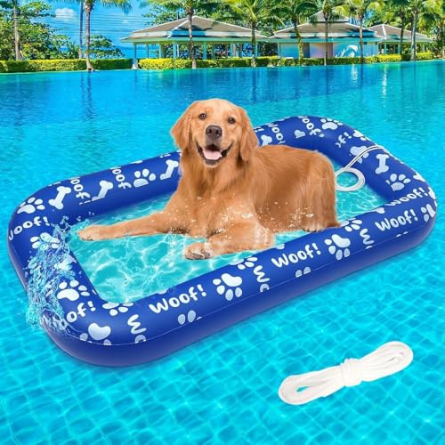 Hund Schwimmendes Floß 143 x 80 cm Aufblasbares Schwimmendes Floß mit 198 cm Langem Zugseil für Haustiere Hund Wasserspielzeug Schwimmfloß für Haustiere bis zu 80 kg Schwimmende Hundeliege