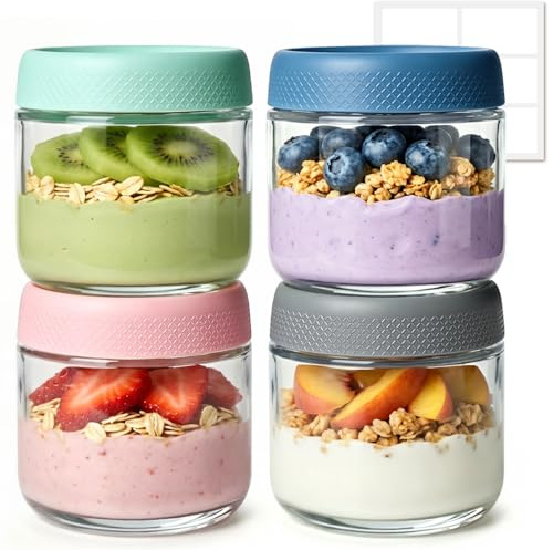 ComSaf Pots Overnight Oats 300 ml Lot de 4 en Verre avec Couvercles | Fermeture en plastique, Pour yaourt et granola, Bureau et école, Pique-nique, Pour adultes et enfants