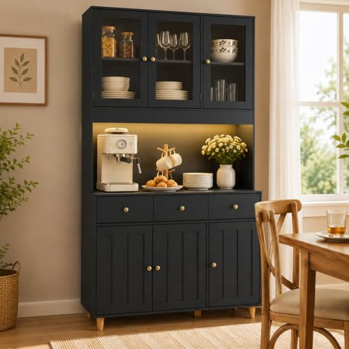 Xbro Kitchen Cupboard with LED Light & Power Outlet, 180cm Tall Pantry Cupboard with Acrylic Doors, Drawers & Adjustable Shelves, Buffet Sideboard Larder Cupboard with Large Countertop