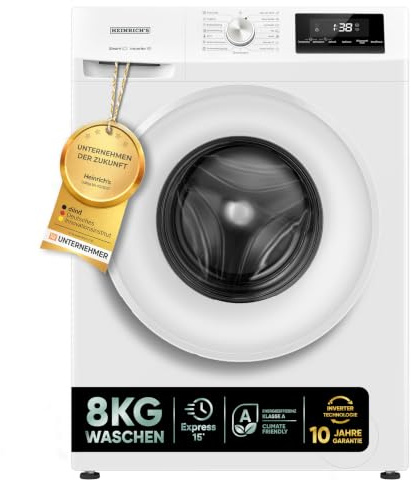Heinrich´s Waschmaschine | 8kg |15 Programme | 1400 U/min. | Aqua-Stop | LED-Display | inkl. Timer | mit Kindersicherung | langlebiger Inverter Motor | Energieeffizienzklasse A | weiß
