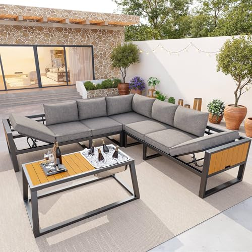 Lahoomu Outdoor-Sofa-Set mit Verstellbarer Rückenlehne, ausklappbaren Armlehnen und Metall-Eisbehälter, 10cm dicken Kissen für Terrasse, Balkon, Poolbereich, Grau