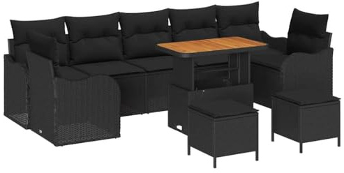 Foknhdi 10-TLG. Garten-Sofa-Set Schwarz 165x55 cm Poly-Rattan mit Akazienholz-Tisch Modernes Lounge-Sofa für Balkon Terrasse und Garten mit Stauraum und verstellbaren Füßen
