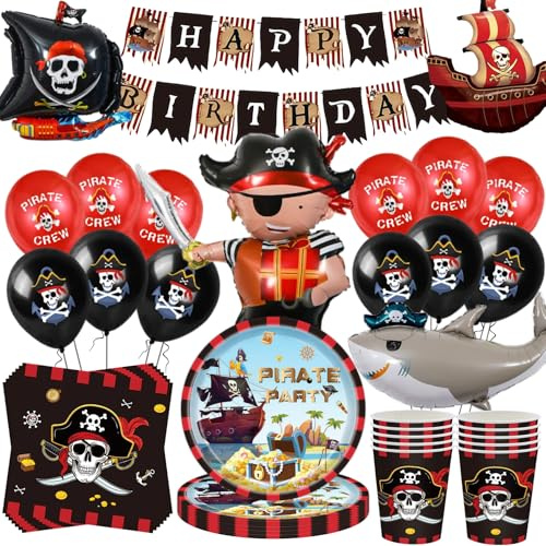 Pirater födelsedag dekorationsset, 80 stycken piratfestservering med stort piratskepp folieballong festtillbehörsset, piratfest dekoration, piratpapperstallrikar koppar ballonger servetter banner för