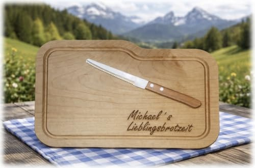 Personalisiertes Brotzeitbrett aus Holz mit Gravur und Messer – Schneidebrett mit Name – individuelles Geschenk