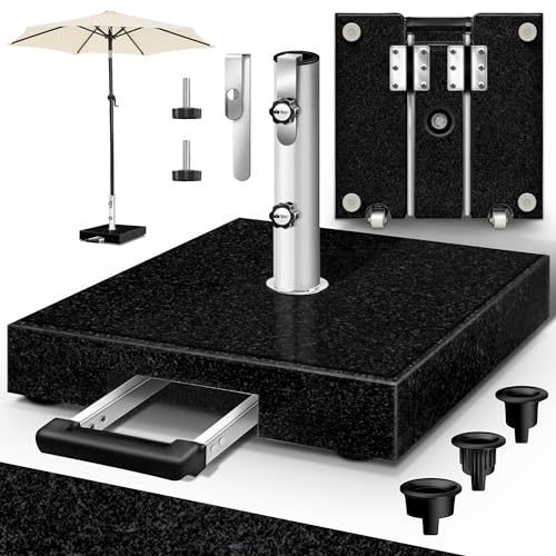 tillvex® Granit Sonnenschirmständer mit Rollen & Trolley-Griff 27 kg Eckig | Schirmständer Sonnenschirm mit Edelstahlrohr | Balkonschirmständer für Schirmstöcke 16-48 mm & 300 cm Schirmdurchmesser
