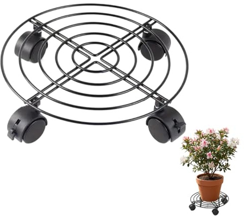 whatyam Pflanzenroller Metall Rund, Stabiler Blumentopf Rollbrett mit 4 Rollen, Rollbrett Pflanzen für Drinnen und Draußen, Pflanzroller Untergestell, Rund Ø27cm, Bis 75KG (1#)