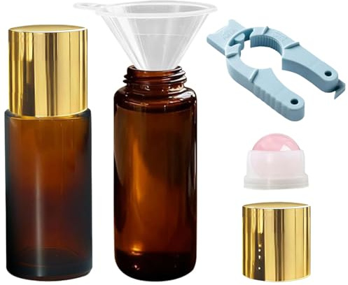 Botellas de bola rodante de cuarzo rosa para aceites esenciales, paquete de 2 botellas vacías de vidrio ámbar recargables de 50 ml con bola rodante de cristal para aceite de ricino, equipadas con un
