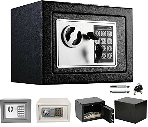 Tresor, Elektronischer Safe mit Zahlenschloss und 2×Notschlüssel, an der Wand montierbar, Doppelbolzen Verriegelung, kann wertvolle Objekte aufbewahren | 23x17x17cm, Schwarz
