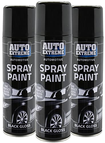 All Purpose Automotive Spray Paint 250ml Can Black Gloss Finish Aerosol Metal Interior Exterior Fast Dry Excellent Coverage Adhesion - 3 Pack