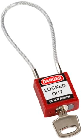 Brady Candado de Cable Compacto Paquete de 1 - Bloqueo de Seguridad Lockout Tagout - Candado de Seguridad - Llaves Diferentes - 32mm x 35mm x 16mm - Longitud del Cable 200mm, Rojo