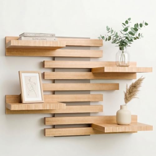 Qoka Crafts Estantería Flotante Pared Modular de Madera Maciza (Salvia) | Estante colgante, repisas y baldas para recibidor, entrada, salón, baño o dormitorio. Mueble organizador de libros y plantas