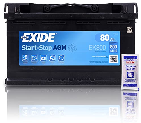 EXIDE EK800 Autobatterie AGM 12V 80Ah 800A Startstop AGM Starterbatterie PKW KFZ Batterie - Ersetzt 70Ah 72Ah 74Ah 75Ah 77Ah + 1x Batteriepolfett | PKW KFZ Batterie - Ersetzt 70Ah 72Ah 74Ah 75Ah 77Ah + 1x Batteriepolfett