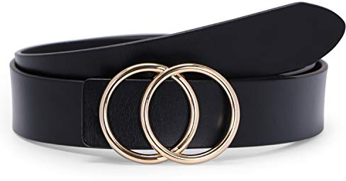 SUOSDEY Stilvolle Gold Doppel Ring Schnalle Gürtel für Frauen Ledergürtel für Jeans Kleid Hosen Gürtel Breite 3,3 cm, Schwarz, Gürtellänge:100cm