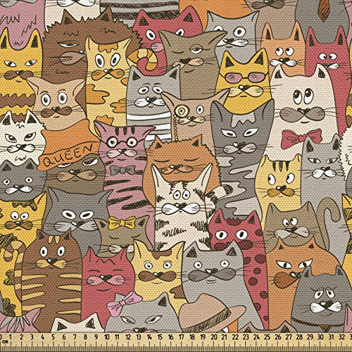 ABAKUHAUS Katze Gewebe als Meterware, Psychedelische Comic-Maskottchen, Schön Gewebten Stoff für Polster und Wohnaccessoires, 1M (148x100cm),Braun Gelb