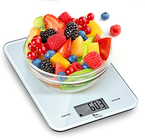 Himaly Báscula de Cocina Digital, 10 KG Báscula de Alimentos Multifunción Ultradelgada Vidrio Templado + Material ABS con Pantalla LCD y Función de Tara
