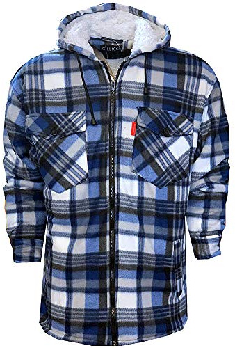 Gillicci Mens Padded Lumberjack Sherpa Fur Lined Extra Thick Luxury Hooded Quilted Shirt (UK, Alpha, 4XL, Plus, Regular, Blue)