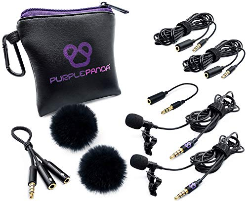 Purple Panda Lot de 2 Microphones Cravate pour baladodiffusion - Microphone Professionnel omnidirectionnel à Clipser - Compatible avec iPhone, Android, Appareil Photo Reflex numérique, Samsung, Zoom,