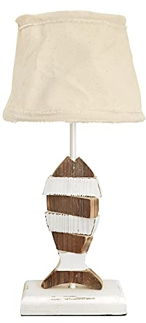 Grafelstein Tischleuchte FISHY – Maritime Leuchte mit drehbarem Holzfisch, Höhe 42 cm, Lampenfuß 9x15 cm, Ø 20 cm Leinen-Lampenschirm - aus robustem Holz & Metall, für E14 max. 40W, Weiß/Braun/Creme