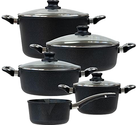 BAF beschichtetes Aluguss Topfset Induktion 9-teilig Bratentopf 24 cm + 28 cm, Kochtopf 20 cm, Gemüsetopf 28 cm & Stieltopf 18 cm