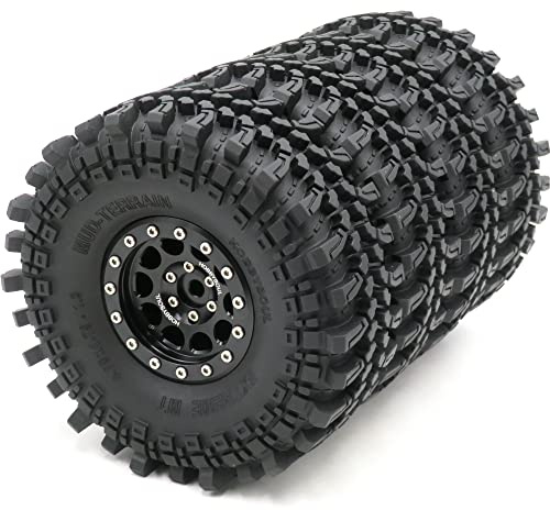 hobbysoul 4pcs RC 1.9 Mud Terrain Tyres Soft Sticky Tires 121mm/4.75inch & Aluminium 1.9 Beadlock Wheels Rims Black For 1/10 RC Crawler SCX10 TRX4 Gen8