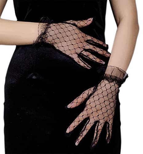 Acenail Weiße kurze Handschuhe für Damen, Hochzeitshandschuhe, durchscheinend, Blumenmuster, Teeparty-Handschuhe, 20er-Jahre, Abend-Opernhandschuhe, Brauthandschuhe, #6 Schwarz, Einheitsgröße