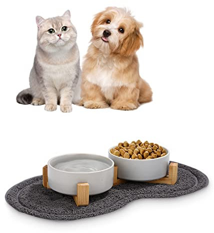 Ciotole per Cani Ceramica,2 Pacchi 400ML Ciotole per Gatti con Base e Pad Antiscivolo Ciotola per Acqua e Cibo Adatto a Cani di Media e Piccola Taglia（grigio）