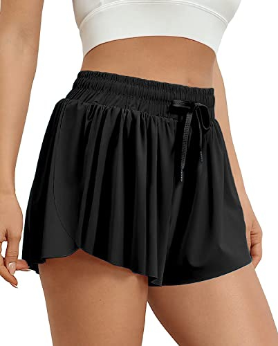 VIGVAN Damen Sommer Sport Shorts 2 in 1 Flowy Running Yoga Biker Schnelltrocknende Gym Fitness Shorts Schwarz M-1