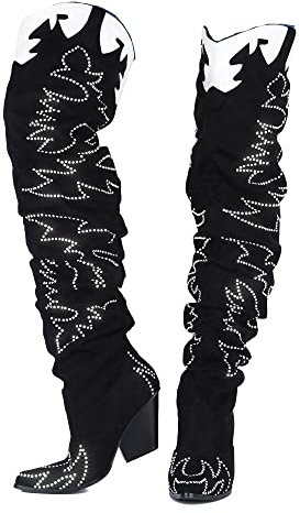 Cape Robbin Kelsey-21 - Botas vaqueras para mujer, botas vaqueras occidentales sobre la rodilla con tacones gruesos de bloque, botas de vestir de moda para mujer, negro (Stone Black), 39 EU