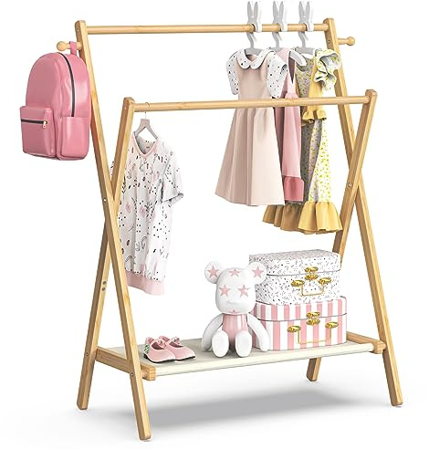 BAMBOOHOMIE Supporto per vestiti per bambini, con ripiano e doppio asta, pieghevole, per vestiti per bambini, animali domestici, cameretta dei bambini