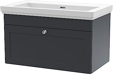 nuie CLC1496H Classique Traditional Bathroom Wall Hung 1 Drawer Vanity Unit & 0 Tap Hole Fireclay Basin, 800mm, Soft Black