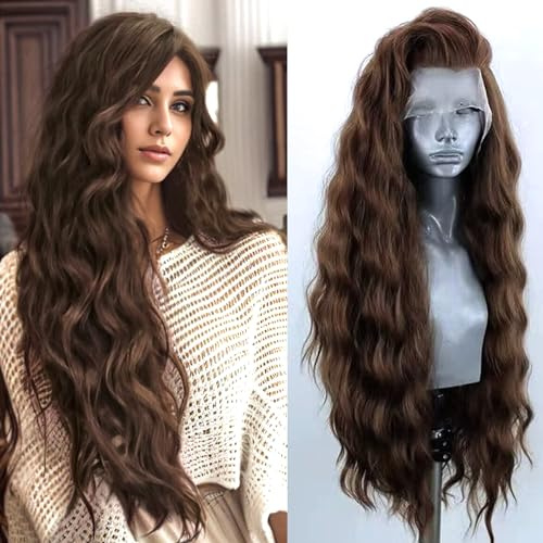 PORSMEER Dunkelbraun Lace Front Perücke Lang Lockige Gewellte Perücke für Damen 13x4 Lace Front Glueless Wig natürlichem Haaransatz Hitzebeständiges Kunsthaar