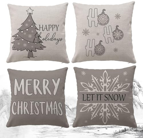 HIQE-FL 4er Set Weihnachten Kissenbezüge Leinen Kissenhülle Sofakissen Outdoor Kissenhülle Dekokissen Bezug Zierkissenbezug für Sofa Bett Auto Büro Café Gartenzimmer (45 x 45 cm)