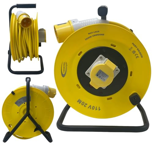 Connexion 110v Cable Reel 20m Extension Lead Reel 32 Amp Socket and Plug 4.0mm Heavy Duty Cable Made in UK Ideal for Construction Sites and Industrial use