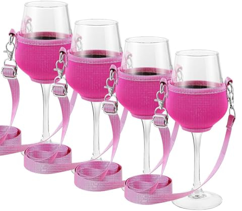 Weinglas Halshalter, 4 Stück Weinglashalter, Weinglashalter zum Umhängen Stoff, Tragbare Weinglashalter Weinglashalter für den Hals für Weihnachten, Geburtstag, Hochzeit, Party (Pink)
