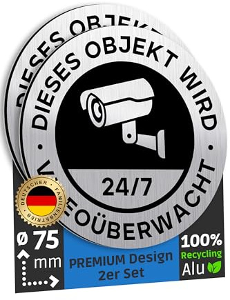 SCHILDERBOXX 2er Set Achtung Videoüberwachung Schild Klein Ø75mm, 100% Alu
