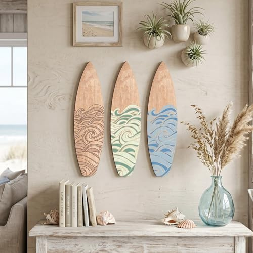 RattanView 3 Stück Surfbrett-Wanddekoration aus Holz für Schlafzimmer, Wellen-Surfbrett, Stranddekoration, Sommer-Holz-Wandbehang, Schild für tropisches Schlafzimmer, Wohnzimmer, Dekoration (gemischte
