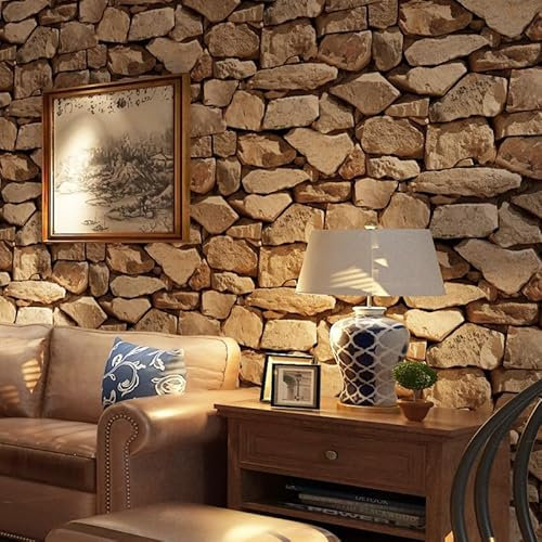 Snewvie 3D Stone Brick Effect Wallpaper Brown Stereo Imitation Texture Wall Paper Rustic Retro Decoration for Bedroom Living Room Restaurant Cafe Fireplace,950 * 53cm