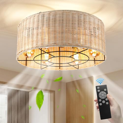 Leise Deckenventilator mit Beleuchtung und Fernbedienung Industriell Vintage Wohnzimmerlampe mit Ventilator E27 Rattan Lampenschirm Bambus Ventilatorlicht für Schlafzimmer Restaurant Fan Deckenleuchte