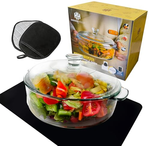 2 Quart Round Glass Casserole Dish with Lid – Comes with Heat-Resistant Silicone Mat & 2 Pot Holders, Simplify Your Kitchen Routine, Durable & Versatile for All Meals