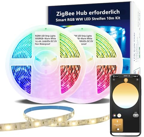 10m ZigBee RGBW LED Streifen Smart Dimmbares Kit,ZigBee 3.0 Controller funktioniert mit Hub Bridge Echo Plus für APP/Alexa Sprachsteuerung RGB Warmweiße RGBWW LED Strips Ambientebeleuchtung