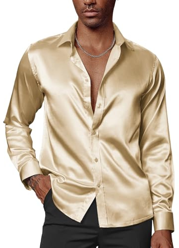 PJ PAUL JONES PaulJones - Camisa de manga larga para hombre, sin planchado, satén, fiesta, boda, camisa con pajarita a juego, dorado, L