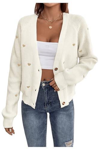 GORGLITTER Cárdigan de punto para mujer, abrigo de punto informal, suéter para exteriores, chaqueta fina, suéter con bordado de corazón, Blanco, L