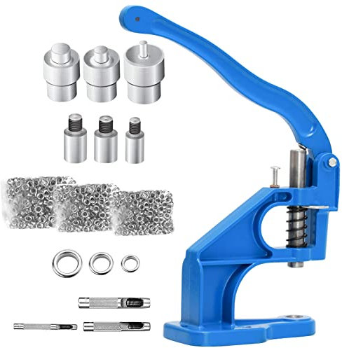 LetCart Occhiellatrice Macchina Occhiello Pressatrice, Pressa Occhielli, Macchina per Occhielli, Set di 3 Fustelle E 1500 Occhielli 6/10/12 Mm E 3 Perforatori per Tessuto in Pelle, Rivetti (Blu)