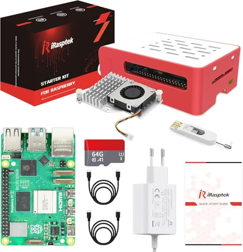 iRasptek Starter Kit for Raspberry Pi 5 8Go - Édition OS-Bookworm de 64Go préinstallée (boîtier Rouge et Blanc)