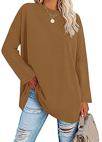 Famulily Damen Basic Rundhalsausschnitt Langarm Baumwolle T-Shirts Einfarbige Bequeme lose Tunika T-Shirts Tops