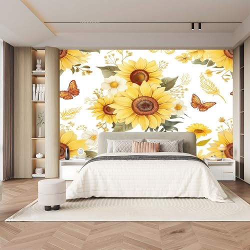 Vlies Tapete Aquarell glitzernde Blumen Deko Panel Gelb Fototapete Wanddeko Tapetenrolle Mustertapete Wandtapete modern design Schlafzimmer Wohnzimmer Dekoration - 250 x 175 cm