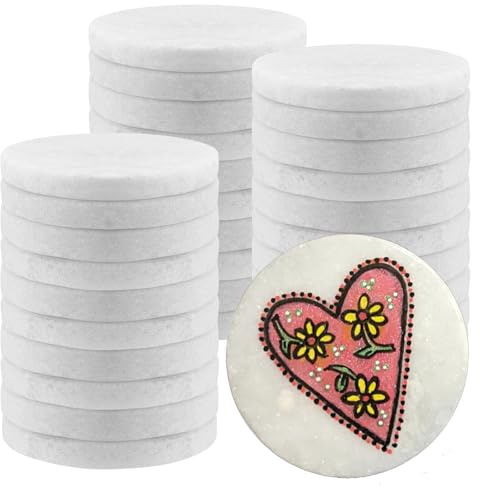 MAKTSAM 30PCS 2.5 Inch White Round Painting Pebbles, 65 x 8 mm Smooth Painting Stone for Painting Arts, Crafts