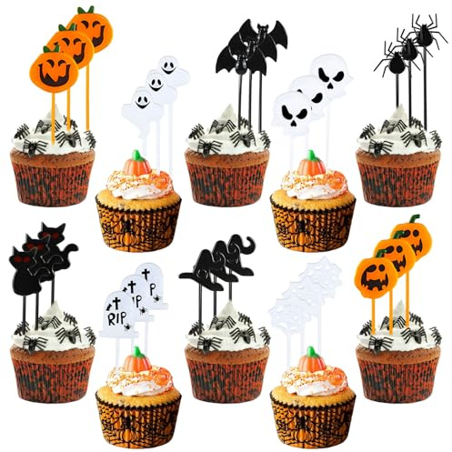 50 Pcs Halloween Cupcake Topper, CIYIN Decorazioni Torta, Cake Decorazione Pipistrelli, Fantasma Cake Topper, Topper per Torta di Halloween, Decoración de Cupcake, Decorazioni per Muffin