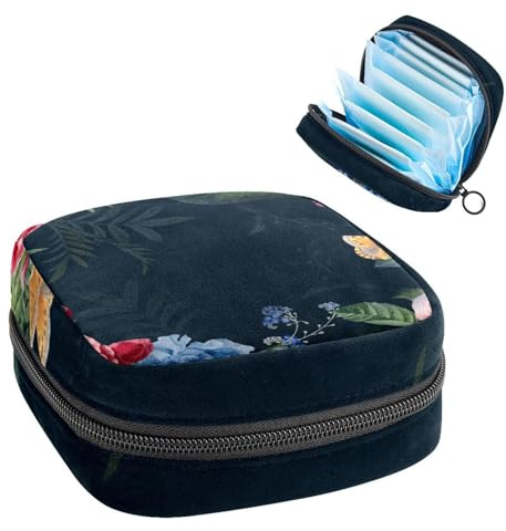 Aufbewahrungstasche für Damenbinden, Menstruationstasse, Tamponbeutel, Periodeneinlagen-Halter, Organizer für Frauen und Mädchen, Aquarell-Blume, Schmetterling mit schwarzem Hintergrund